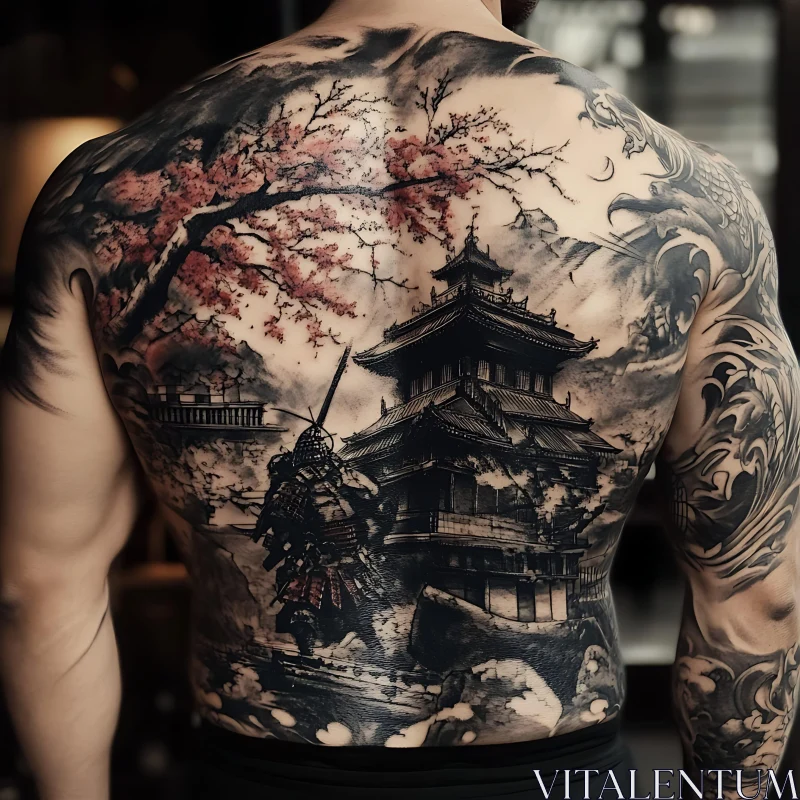 Japanese Back Tattoo with Samurai and Cherry Blossoms AI Image