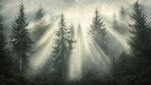 Sunlit Misty Pine Forest