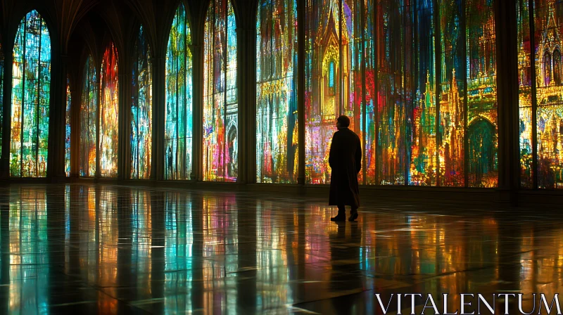 Person in Cathedral with Colorful Stained Glass Reflections AI Image