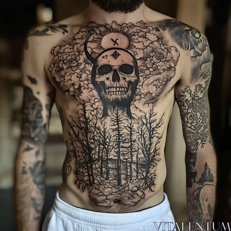 Intricate Skull and Forest Chest Tattoo AI Image