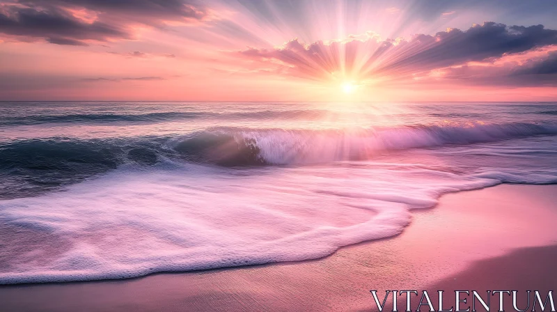 AI ART Serene Coastal Sunset with Waves and Sun Rays