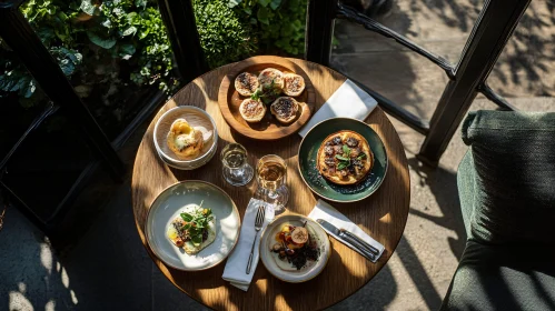 Gourmet Brunch in Sunlit Corner at Upscale Restaurant