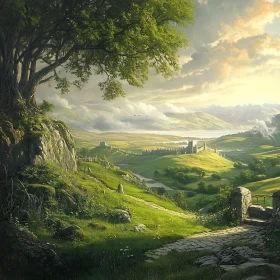 Scenic Green Hills and Distant Fortress