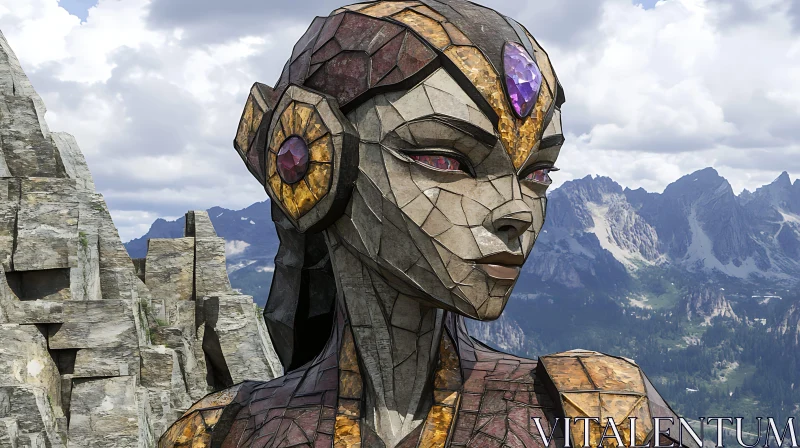 AI ART Futuristic Female Cyborg Amidst Mountains