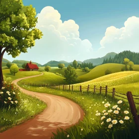 Idyllic Landscape Painting of Rolling Hills