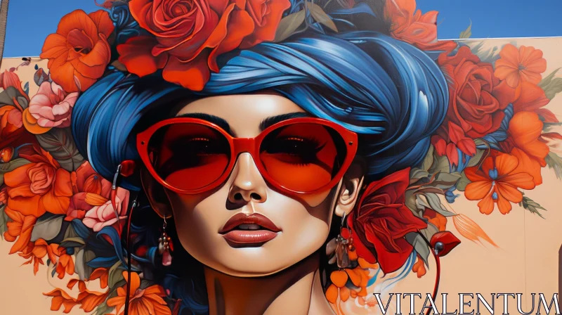 Artistic Mural Illustration of Woman with Sunglasses and Roses AI Image