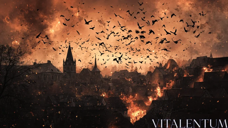 AI ART Fiery City and Birds