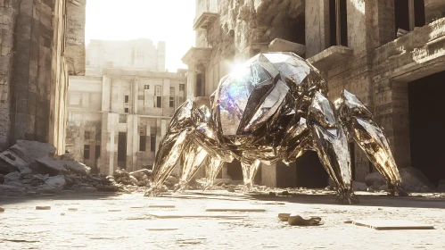 Chrome Arachnid Sentinel in Decayed City