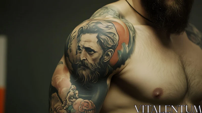 Intricate Bearded Man Tattoo on Muscular Shoulder AI Image