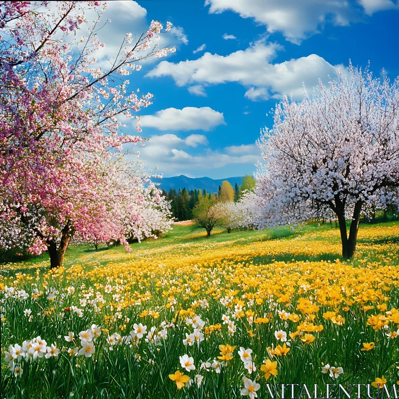 Floral Meadow Under Sky AI Image