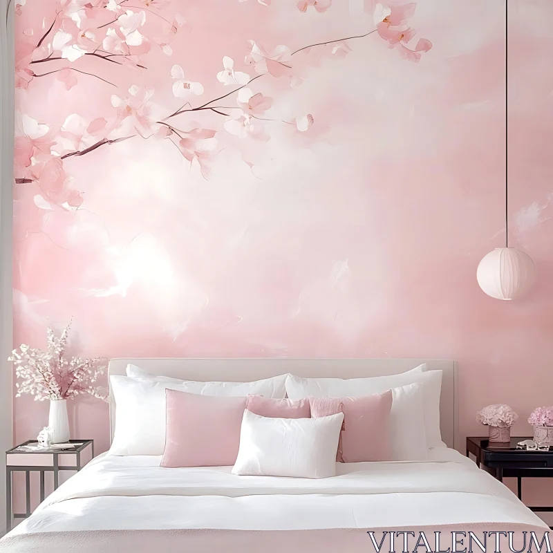 AI ART Soft Pink Bedroom with Floral Accent Wall