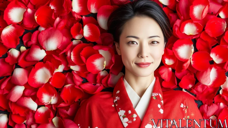 AI ART Captivating Portrait of a Serene Asian Woman in a Red Kimono