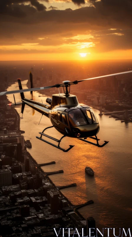Captivating Sunset Helicopter Scene in Manhattan - Gritty Elegance AI Image