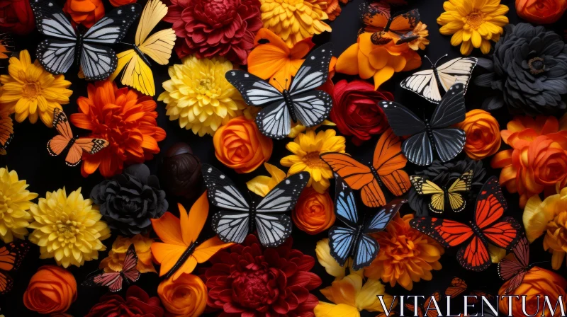 Colorful Butterflies and Flowers in Still-Life Composition AI Image
