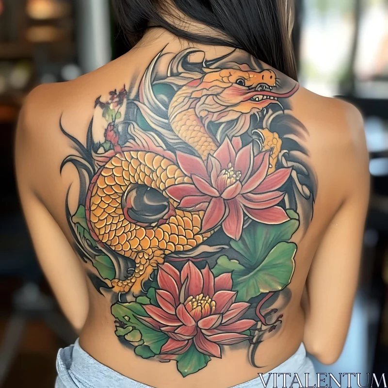 Golden Dragon and Lotus Back Tattoo AI Image