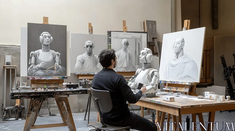 AI ART Artist and Robot Models in Studio