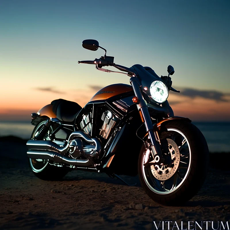 Chrome Motorcycle at Sunset AI Image