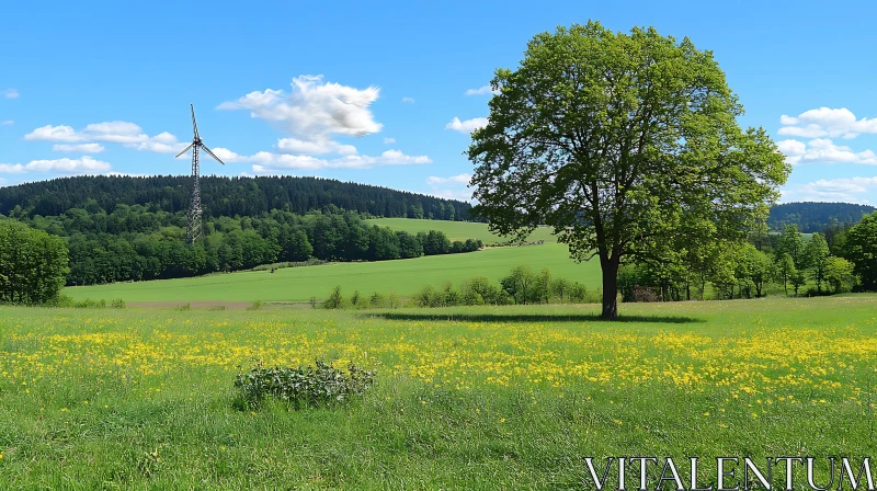 Picturesque Landscape with Tree and Windmill AI Image