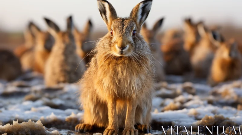 Golden Light Hares in Snow - A Serene Rural China Scene AI Image