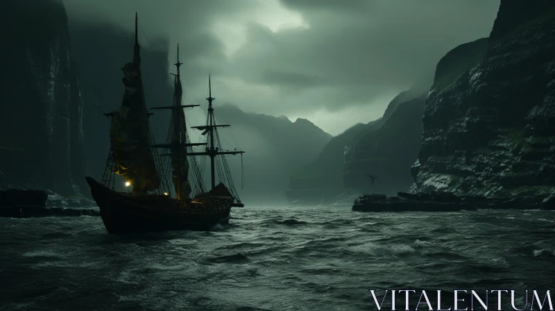 Majestic Ship Sailing Through a Choppy Sea - Dark Green and Gold AI Image