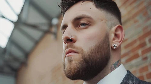 Serious Young Man Portrait with Beard and Nose Ring