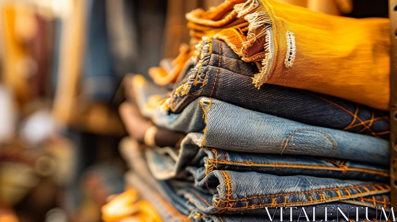 Stack of Folded Blue Jeans with Yellow Pair on Top AI Image