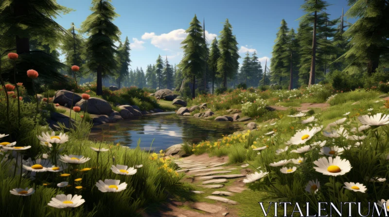 Tranquil Forest Scene with Daisies and Stream AI Image