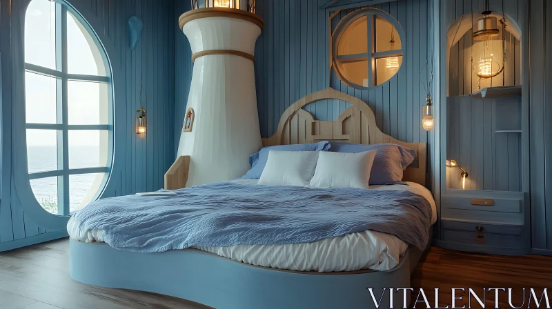 AI ART Coastal-Themed Bedroom with Lighthouse Bed