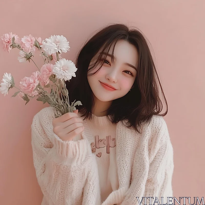 Girl Holding Flowers in Pink Setting AI Image