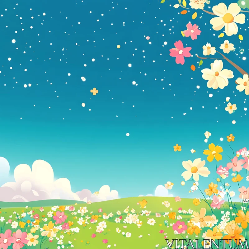 Whimsical Floral Meadow Under Starry Sky AI Image