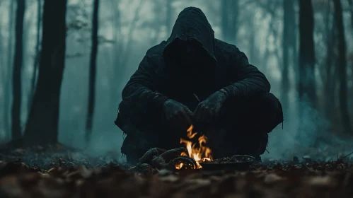 Mysterious Hooded Figure in Dark Forest