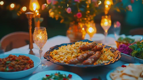 Festive Table Setting with Food and Candles