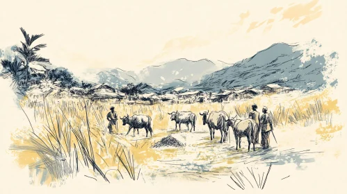 Pastoral Scene: Cattle and Villagers Artwork