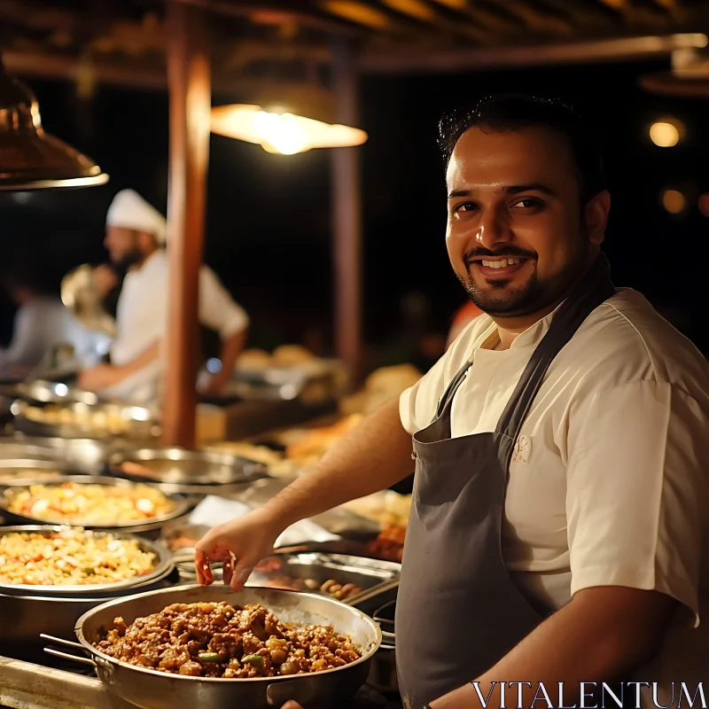 Smiling Chef Cooking at Food Station AI Image