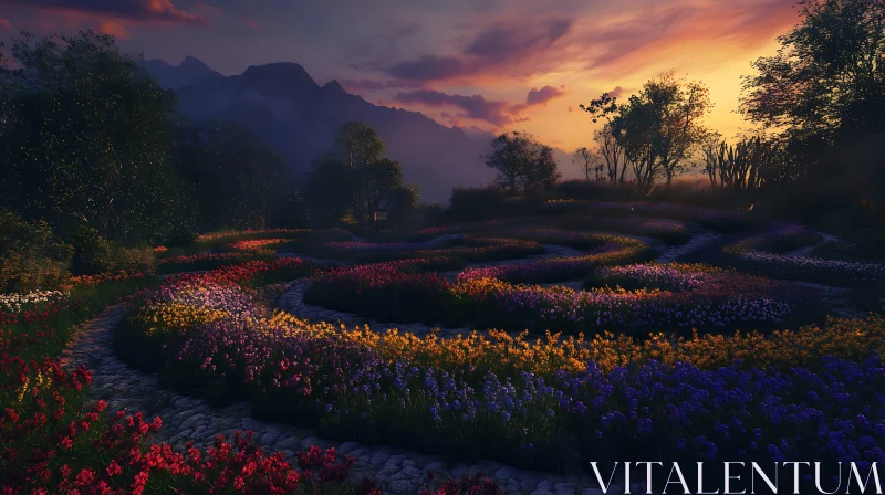 AI ART Floral Labyrinth at Sunset