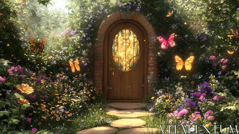 Secret Garden Gate with Glowing Butterflies AI Image