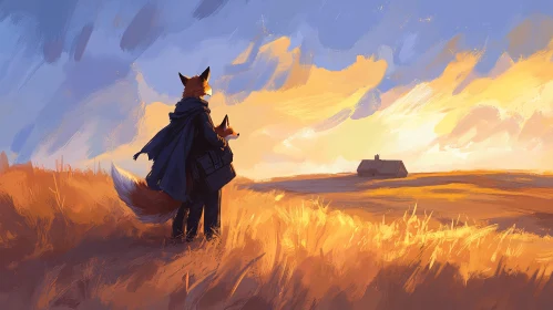 Foxes Watching Sunset Over Field