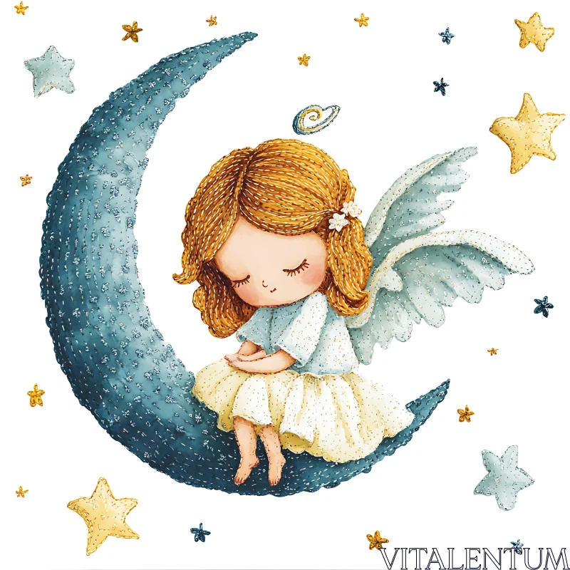 Whimsical Angel and Moon Art AI Image