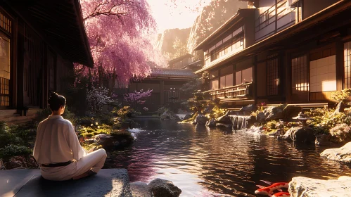 Zen Garden Meditation Scene with Cherry Blossoms