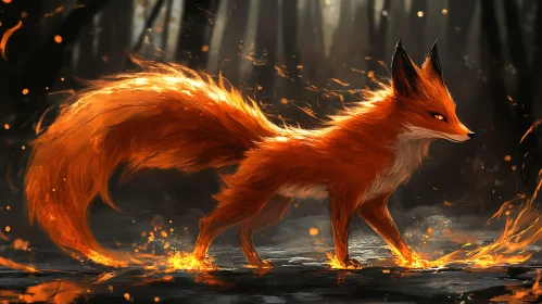 Fiery Fox Walking Through Dark Forest