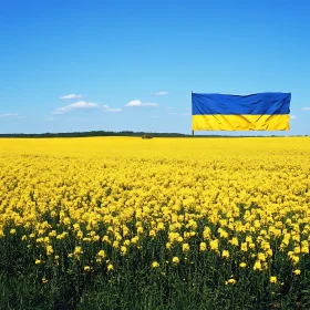 Field of Yellow Flowers with Ukrainian Flag