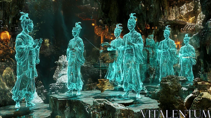 AI ART Cyan Figures in Stone Cave