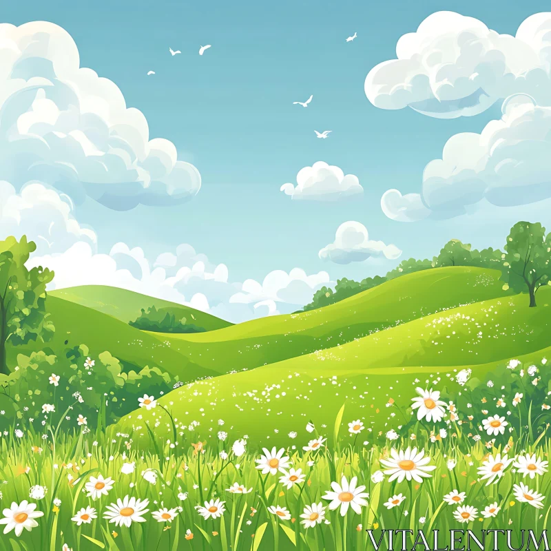 AI ART Scenic Meadow with Daisies and Blue Sky