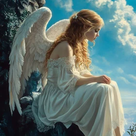 Angel in White Dress on Cliff