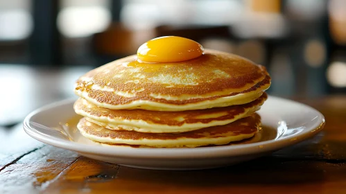 Golden Pancakes with Butter and Syrup