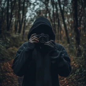 Hooded Figure with Camera in Woods