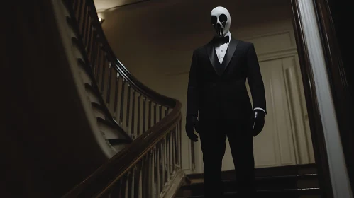 Figure in Suit and Mask on Staircase