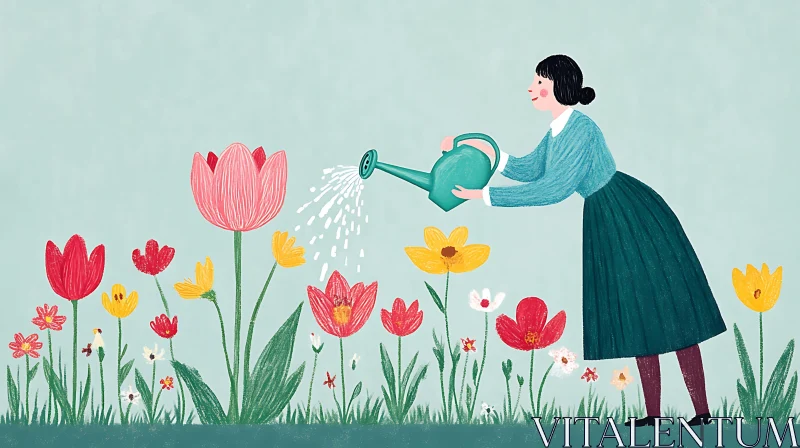 Woman Gardening with Colorful Flowers AI Image