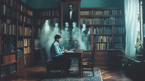 Man Reading Surrounded by Ghosts