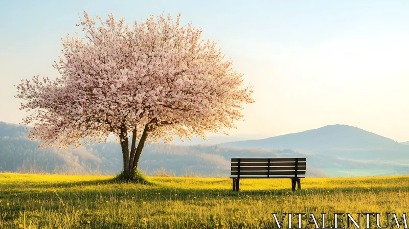 Peaceful Spring Landscape with Bench AI Image